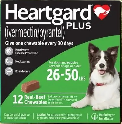 Heartgard Plus Chewable: To prevent heartworm disease and treat and control 3 species of hookworms and 2 species of roundworms once monthly.