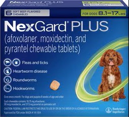 NexGard PLUS chewable: soft chews “all in one” chew that protects your dog from fleas and ticks, prevents heartworm disease, and treats and controls roundworms and hookworms once monthly.